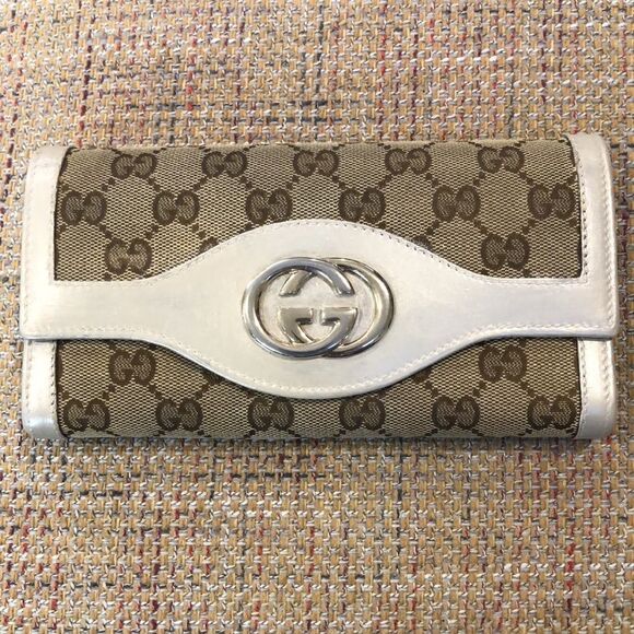 GUCCI Continental Silver and Gold Leather & Canvas Wallet with GG Clasp NWOT - Picture 8 of 17